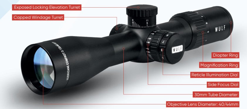 WULF Hurricane Compact 3-10x40 SFP IR W-MIL1 0.1MRAD 30mm Rifle Scope